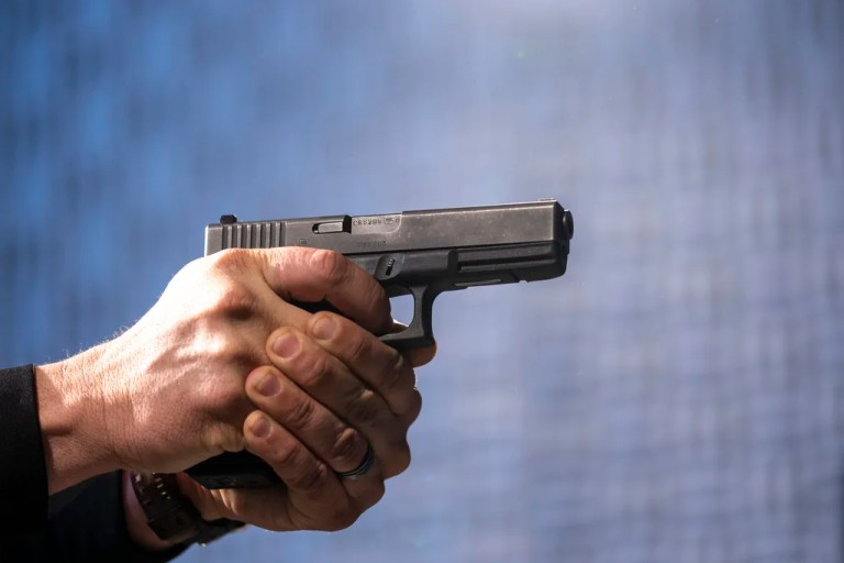 A semi-automatic Glock pistol is fired at the Bureau of Alcohol, Tobacco, Firearms, and Explosives National Services Center, March 2, 2023, in Martinsburg, West Virginia.