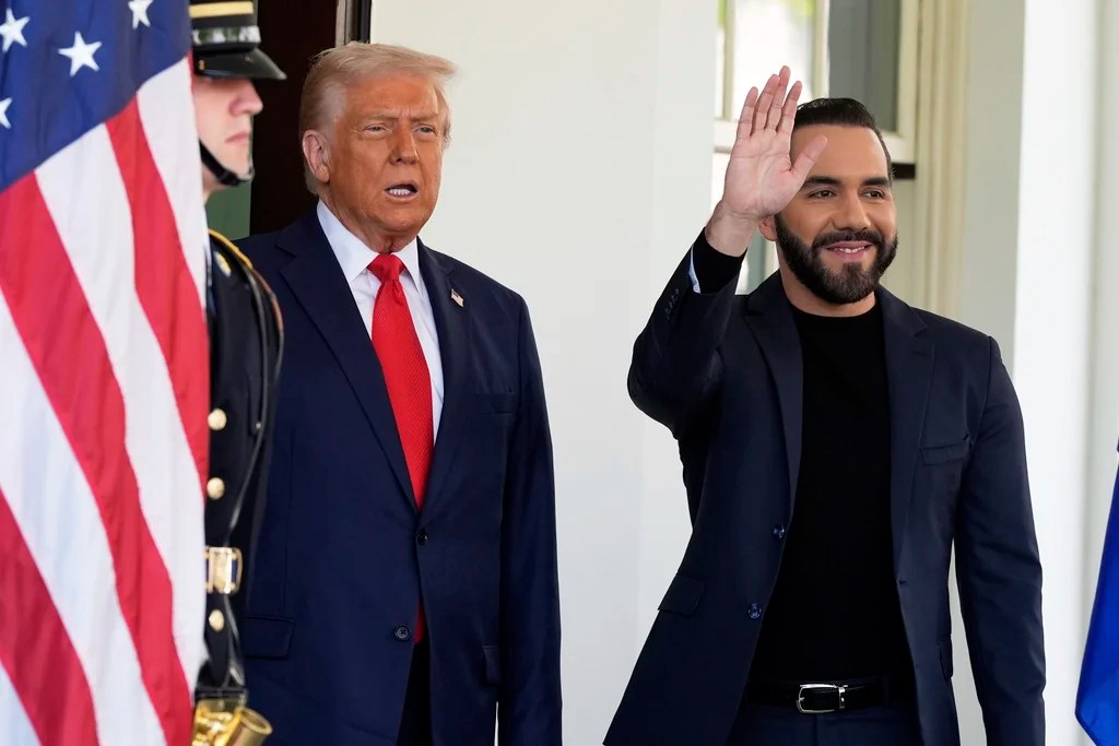 President Donald Trump greets El Salvador's President Nayib Bukele as he arrives at the West Wing of the White House, Monday, April 14, 2025, in Washington.