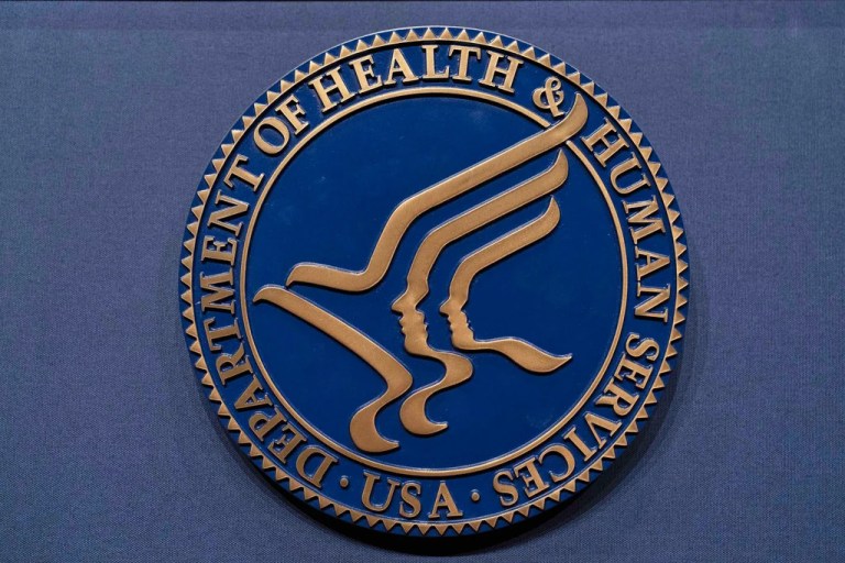 The Health and Human Services seal is seen before the news conference of Secretary Robert F. Kennedy Jr. at the Hubert Humphrey Building Auditorium in Washington, Wednesday, April 16, 2025.