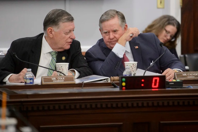 Chairmen Rep. Tom Cole, R-Okla., left, and Rep. Ken Calvert, R-Calif., talk during a House Committee on Appropriations, Subcommittee on Defense oversight hearing on the United States Army at the Capitol, Wednesday, May 7, 2025, in Washington. (AP Photo/Rod Lamkey, Jr.)