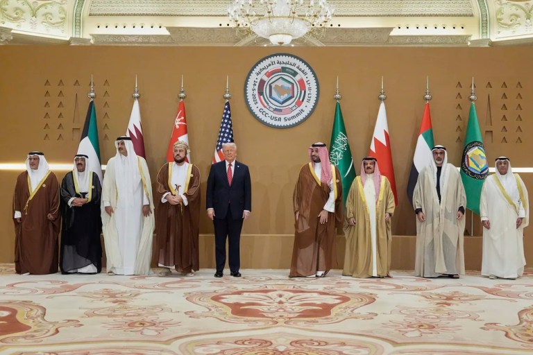 President Donald Trump, fifth left, attends a group photo session with Saudi Crown Prince Mohammed bin Salman, fourth right, with United Arab Emirates Crown Prince Sheikh Khaled bin Mohamed bin Zayed Al Nahyan, second right, Bahrain's Crown Prince and Prime Minister Salman bin Hamad Al Khalifa, left, Qatar's Emir Sheikh Tamim bin Hamad Al Thani, third left, Kuwait's Crown Prince Mishal Al-Ahmad Al-Jaber Al-Sabah, second left, Gulf Cooperation Council Secretary-General Jasem Mohamed Albudaiwi, right, during the GCC Summit in Riyadh, Saudi Arabia, Wednesday, May 14, 2025. (AP Photo/Alex Brandon)