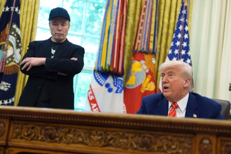 President Donald Trump speaks during a news conference with Elon Musk in the Oval Office of the White House, Friday, May 30, 2025, in Washington.
