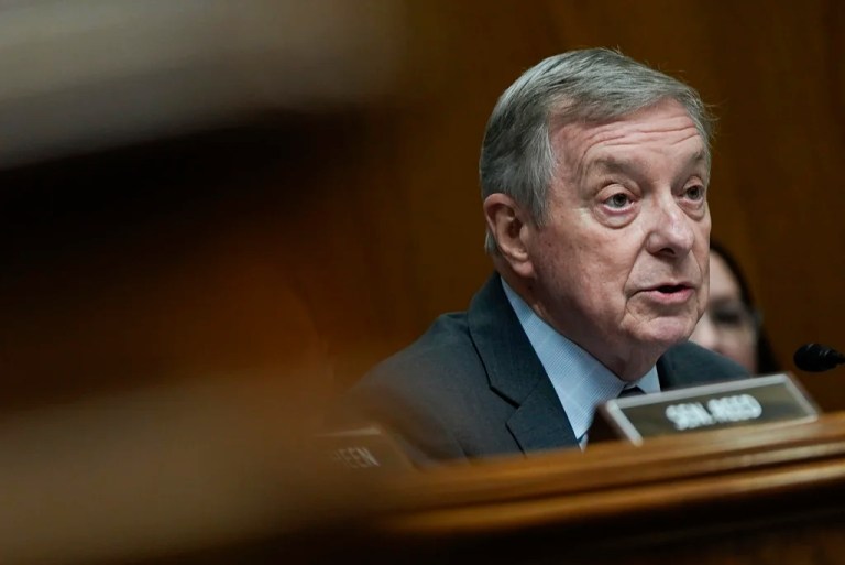 Sen. Dick Durbin, D-Ill., questions Education Secretary Linda McMahon during a Senate Appropriations hearing, Tuesday, June 3, 2025, on Capitol Hill in Washington. (AP Photo/Julia Demaree Nikhinson)