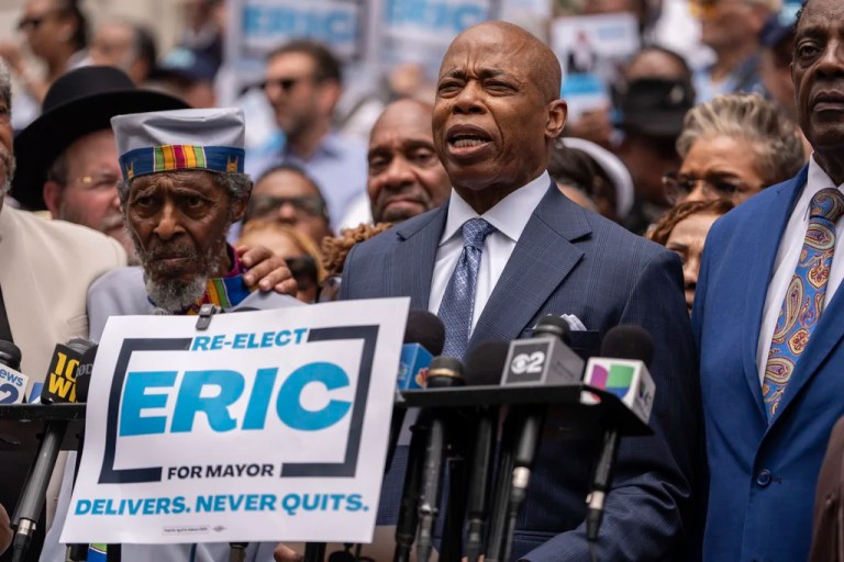 New York Mayor Eric Adams speaks during a campaign launch rally at City Hall, Thursday, June. 26, 2025, in New York. (AP Photo/Yuki Iwamura)