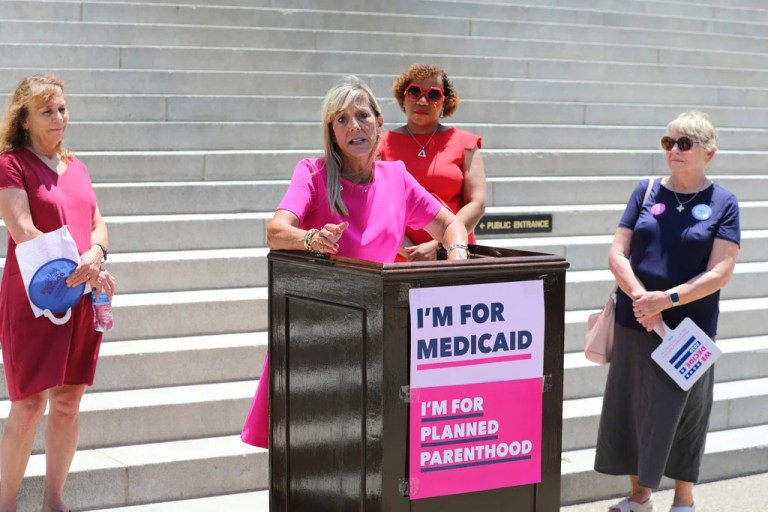 Planned Parenthood South Carolina spokeswoman Vicki Ringer speaks at a news conference about the Supreme Court ruling allowing states to block Planned Parenthood from receiving money for health services on Thursday, June 26, 2025, in Columbia, South Carolina.