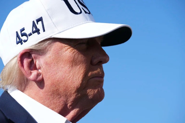 President Donald Trump speaks with reporters before boarding Air Force One at Morristown Municipal Airport in Morristown, New Jersey, Sunday, July 6, 2025, en route to Washington.
