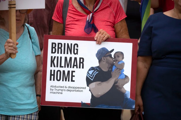Supporters of Kilmar Abrego Garcia rally outside of the U.S. District Court in Greenbelt, Maryland, where a hearing was scheduled to be held on returning him to the state, Monday, July 7, 2025.