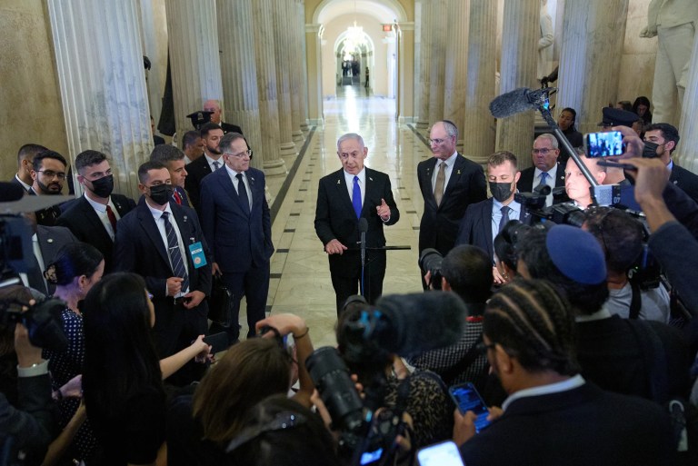 Israeli Prime Minister Benjamin Netanyahu speaks to the media, Tuesday, July 8, 2025, on Capitol Hill in Washington.