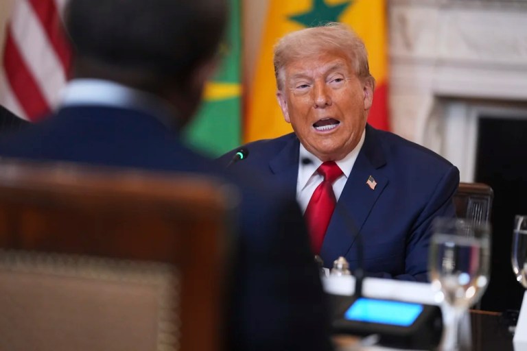President Donald Trump speaks during a lunch with African leaders in the State Dining Room of the White House, Wednesday, July 9, 2025, in Washington.