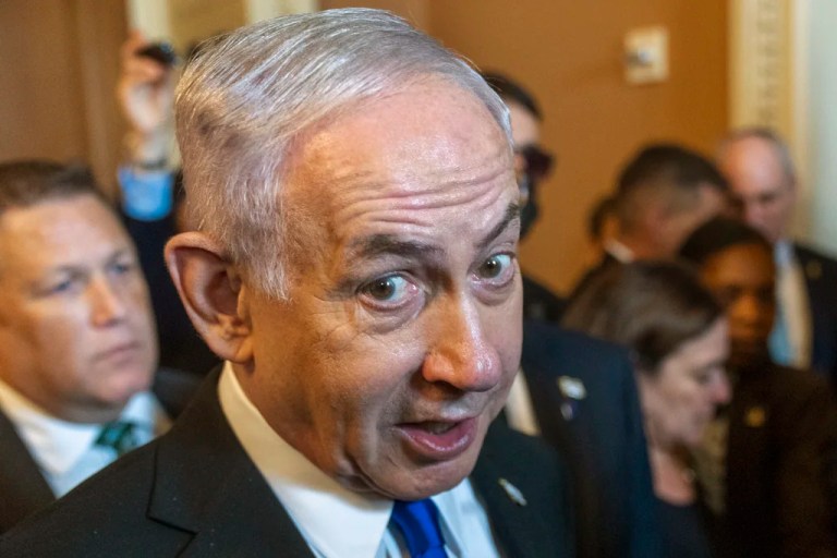 Israeli Prime Minister Benjamin Netanyahu, speaks to reporters before a meeting with lawmakers at the Capitol in Washington, Wednesday, July 9, 2025.