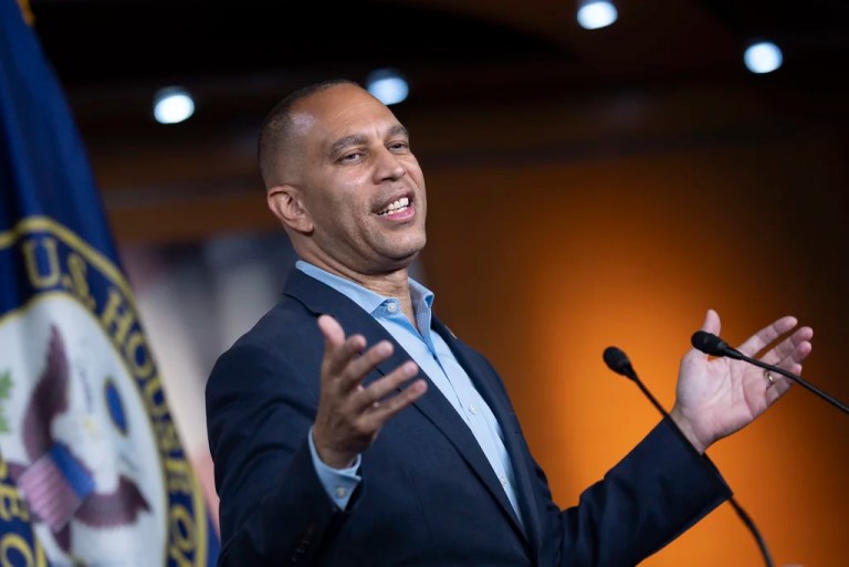 House Minority Leader Hakeem Jeffries, D-N.Y., speaks about President Donald Trump's policies and the GOP's tax and spending cut bill that passed this month, during a news conference at the Capitol in Washington, Monday, July 14, 2025. (AP Photo/J. Scott Applewhite)