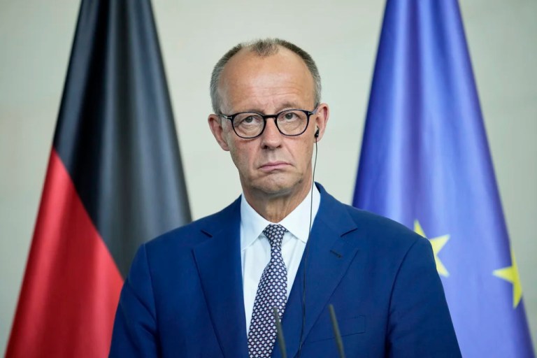 German Chancellor Friedrich Merz attends a joint press conference with Romanian President Nicușor Dan at the chancellory in Berlin, Germany, Friday, July 18, 2025.