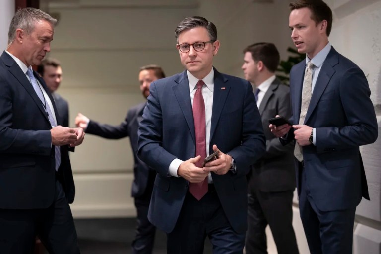 Speaker of the House Mike Johnson, R-La., arrives for an early morning strategy session with the Republican Conference, at the Capitol in Washington, Tuesday, July 22, 2025. (AP Photo/J. Scott Applewhite)