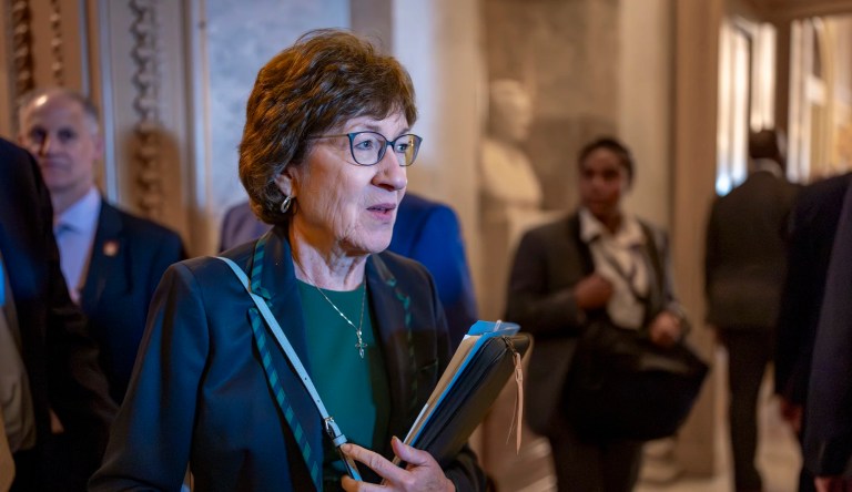Sen. Susan Collins, R-Maine, departs the chamber as the Senate holds a procedural vote on the nomination of Emil Bove, who served on President Donald Trump's criminal defense team, to be a U.S. Circuit Court judge for the 3rd U.S. Circuit Court of Appeals, at the Capitol in Washington, Thursday, July 24, 2025.