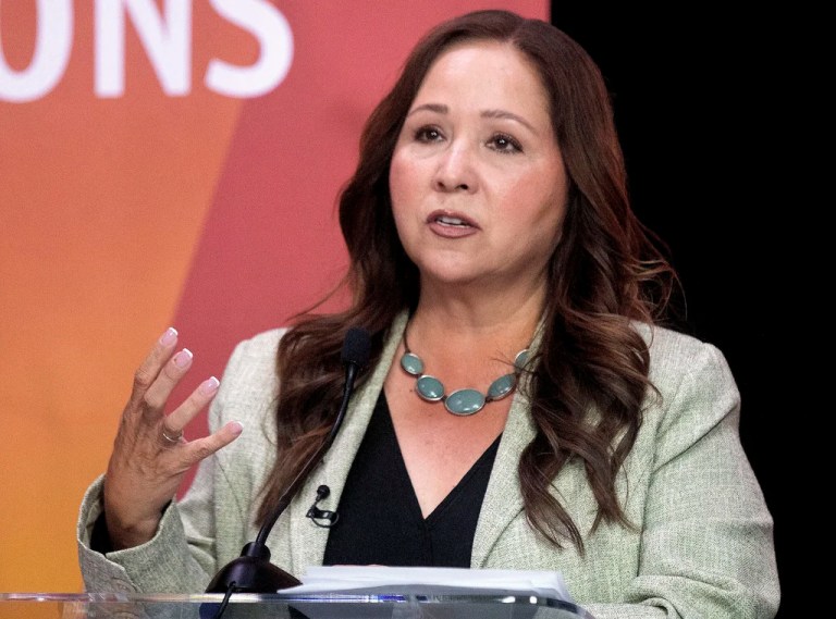 Adelita Grijalva answers a question during the Democratic primary debate inside the Arizona Public Media studio in Tucson, Ariz., June 10, 2025. (Mamta Popat/Arizona Daily Star via AP)