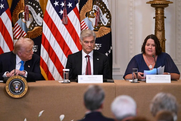 DOGE administrator Amy Gleason makes a rare public appearance alongside President Donald Trump, July 30, 2025.