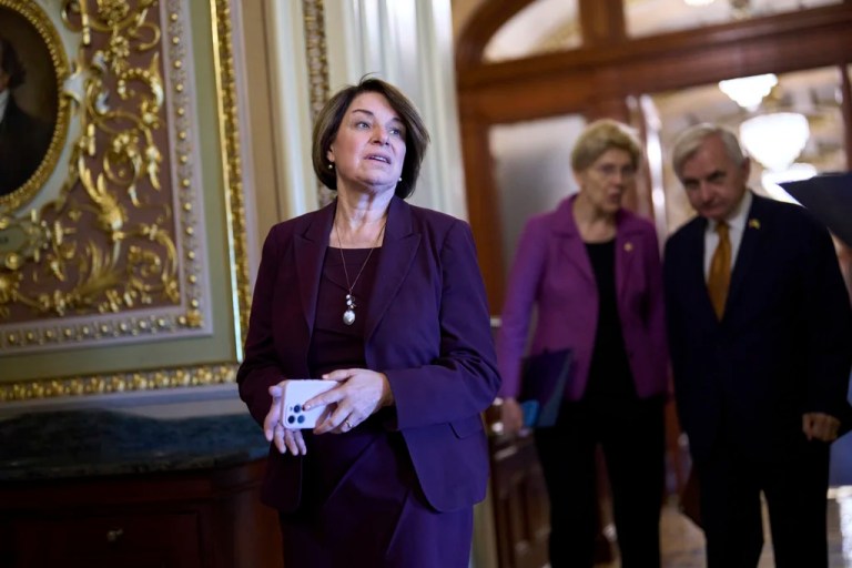 Sen. Amy Klobuchar (D-MN) pauses as senators arrive for votes and policy meetings at the Capitol in Washington, Tuesday, June 17, 2025.