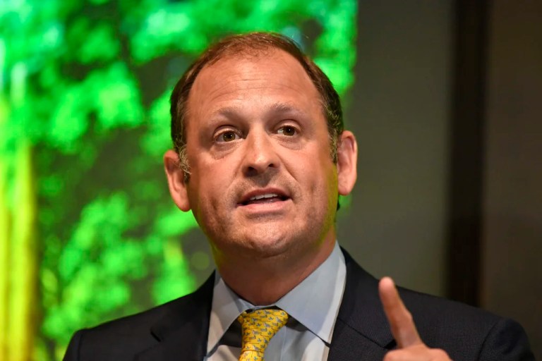FILE - Rep. Andy Barr, R-Ky., speaks before a gathering to celebrate the 25th anniversary of the Kentucky Bourbon Trail at the Frazier History Museum in Louisville, Ky., June 20, 2024. (AP Photo/Timothy D. Easley, File)