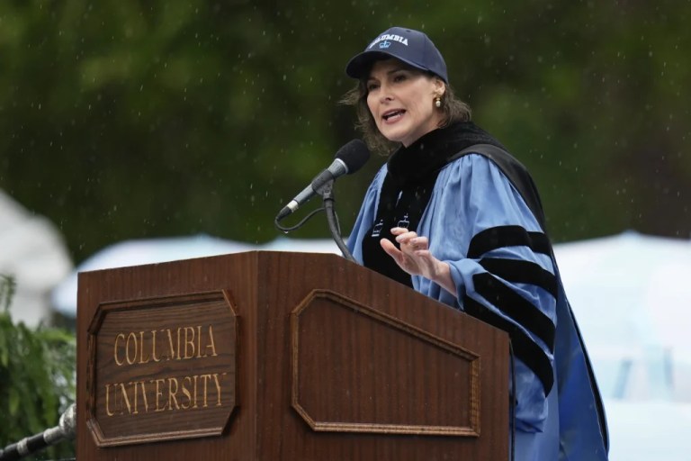 Columbia University's acting president Claire Shipman speaks during Columbia University commencement ceremony on Columbia's main campus, in Manhattan, on Wednesday, May 21, 2025 in New York. (AP Photo/Seth Wenig, Pool)