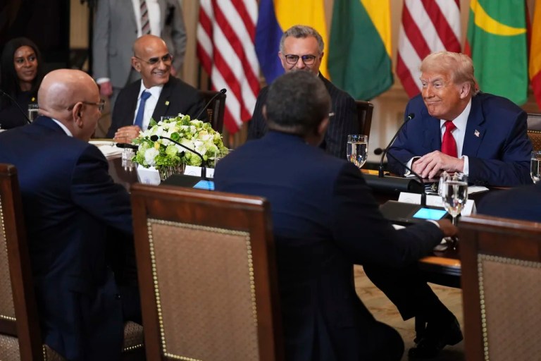 President Donald Trump speaks with African leaders including Senegalese President Bassirou Diomaye Faye, Liberian President Joseph Nyuma Boakai, Bissau-Guinean President Umaro Sissoco EmbalÛ, Mauritanian President Mohamed Ould Ghazouani and Gabonese President Brice Oligui Nguema during a lunch in the State Dining Room of the White House, Wednesday, July 9, 2025, in Washington.