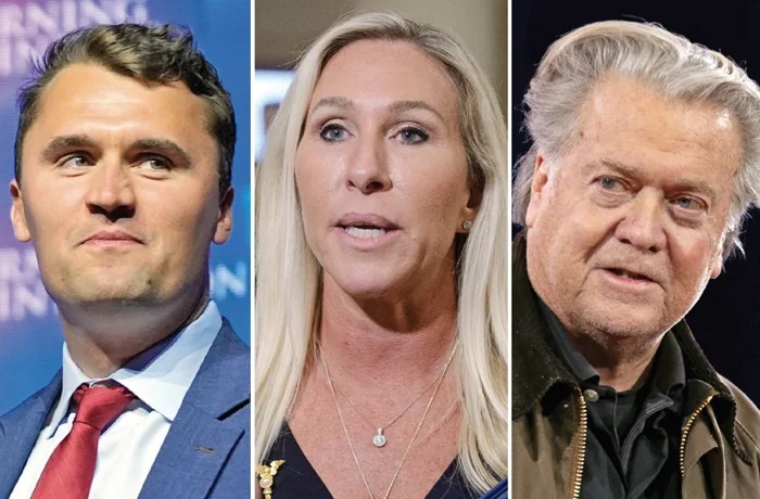 Pressing President Donald Trump for full disclosure: From left, Turning Point USA founder Charlie Kirk, Rep. Marjorie Taylor Greene (R-GA), and former Trump political adviser Steve Bannon. (From left: Alex Brandon/AP; Rod Lamkey, Jr./AP; Jose Luis Magana/AP)