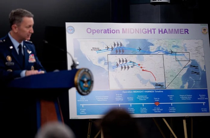 Gen. Dan Caine, chairman of the Joint Chiefs of Staff, discusses the mission details of a strike on Iran during a news conference at the Pentagon on June 22. President Donald Trump gave an address to the nation the previous night after three Iranian nuclear facilities were struck by the U.S. military. (Andrew Harnik/Getty Images)