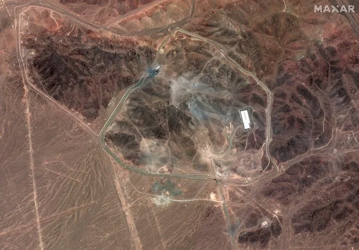 This Tuesday, June 24, 2025, satellite image provided by Maxar Technologies shows damage at Fordo enrichment facility after strikes in Iran on June 23.