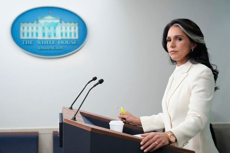 Director of National Intelligence Tulsi Gabbard, speaks with reporters in the James Brady Press Briefing Room at the White House, Wednesday, July 23, 2025, in Washington. (AP Photo/Alex Brandon)