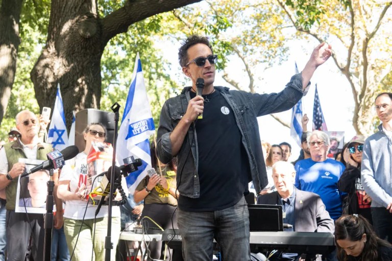 Columbia Business School Assistant Professor Shai Davidai speaks during a rally to mark the first anniversary of the October 7th terror attacks on Israel on October 06, 2024 in New York City. On October 7, 2023, Hamas terrorists mounted a series of attacks and raids on Israeli towns near Gaza, killing 1,145 people and taking 251 hostages. Holding placards and carrying Israeli flags, hundreds walked through Central Park demanding that the 101 hostages remaining in Gaza be freed by Hamas. (Photo by Noam Galai/Getty Images)