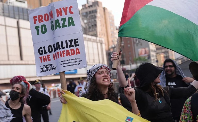 Pro-Palestinians rally at Union Square and march to a major train station, Moynihan Train Hall, Manhattan on Saturday, June 21, 2025, to protest against Israel's attacks on Gaza and Iran, and the Trump administration's involvement in the war in New York City, United States. (Photo by Selcuk Acar/Anadolu via Getty Images)
