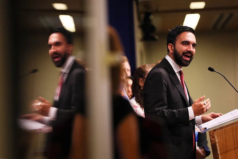 New York Mayoral Candidate Zohran Mamdani speaks during a press conference at the United Federation of Teachers (UFT) headquarters on July 09, 2025 in New York City. Mamdani spoke during a press conference alongside UTF President Michael Mulgrew, Chapter leader Dr. Terrain Reeves and members of UTF as he received the endorsement of the teachers union. (Photo by Michael M. Santiago/Getty Images)