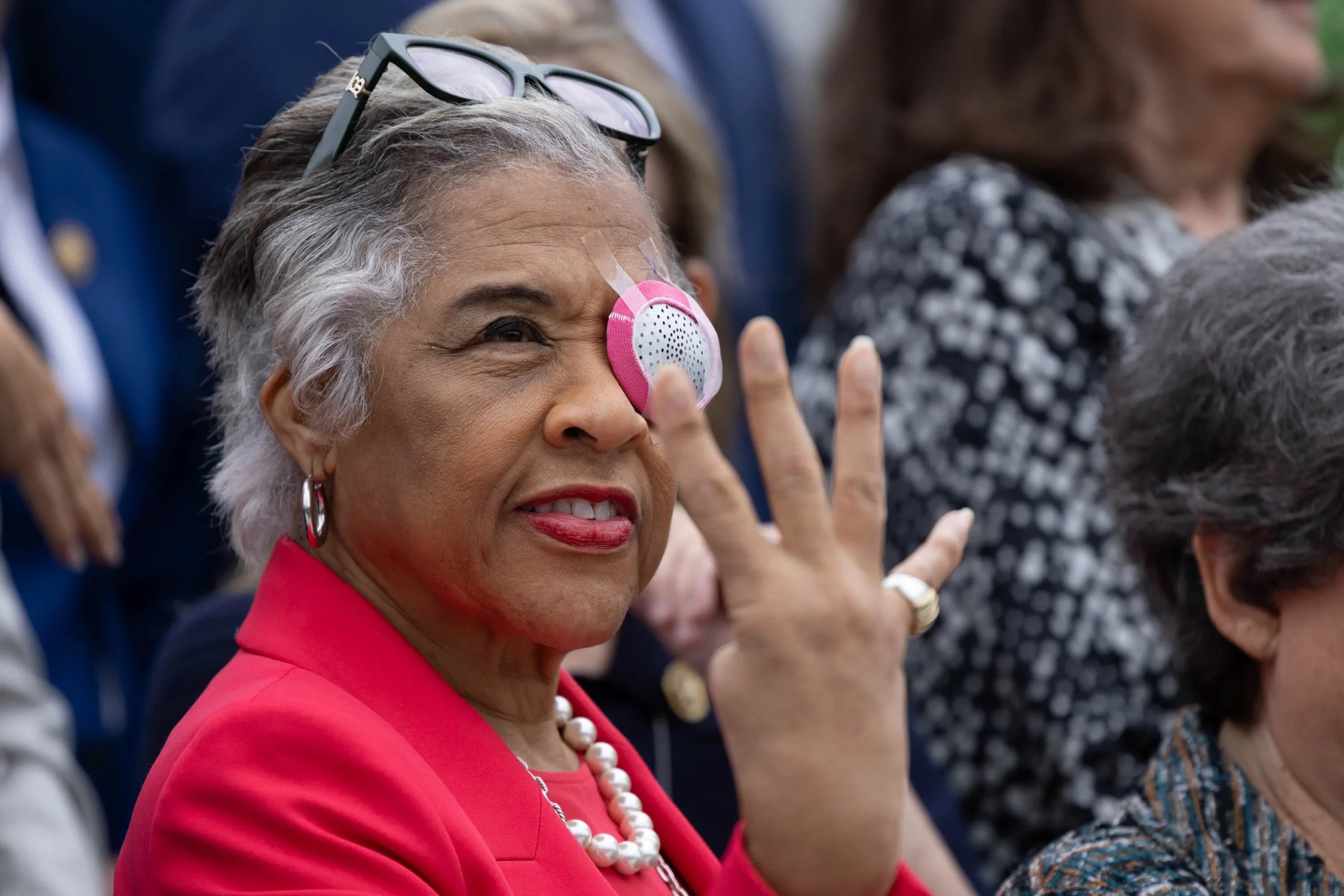 Rep. Joyce Beatty (D-OH) stands on the House steps on July 2, 2025, with an eye patch after having eye surgery the day before. House lawmakers are in town on the July 4 recess to vote on the One Big Beautiful Bill Act. (Graeme Jennings/Washington Examiner)