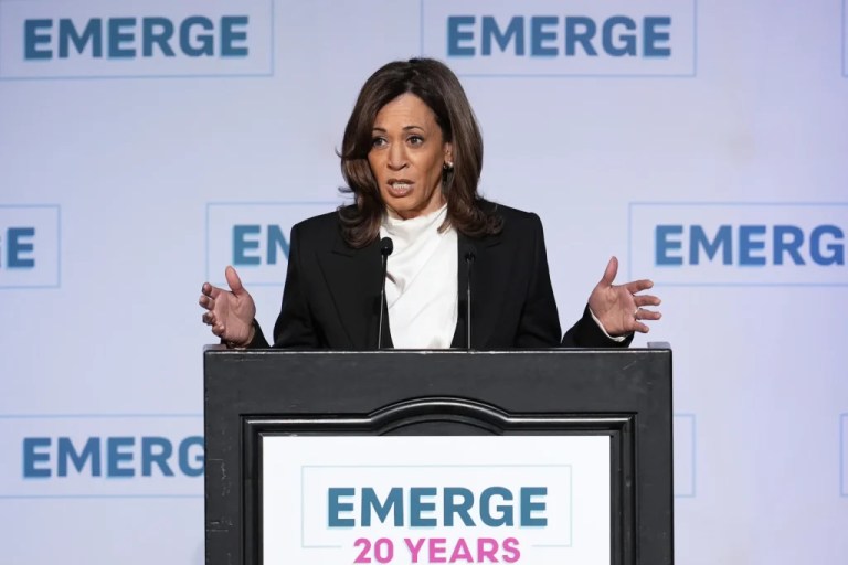 Former Vice President Kamala Harris delivers the keynote speech at the Emerge 20th Anniversary Gala in San Francisco, Wednesday, April 30, 2025.