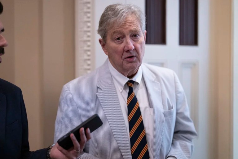 Sen. John Kennedy (R-LA) speaks with reporters as Senate Republicans vote on President Donald Trump's request to cancel about $9 billion in foreign aid and public broadcasting spending, at the Capitol in Washington, Wednesday, July 16, 2025. Senate passage of the spending cuts would send the bill back to the House for final approval. Trump must sign the bill into law by midnight Friday for the cuts to take effect.