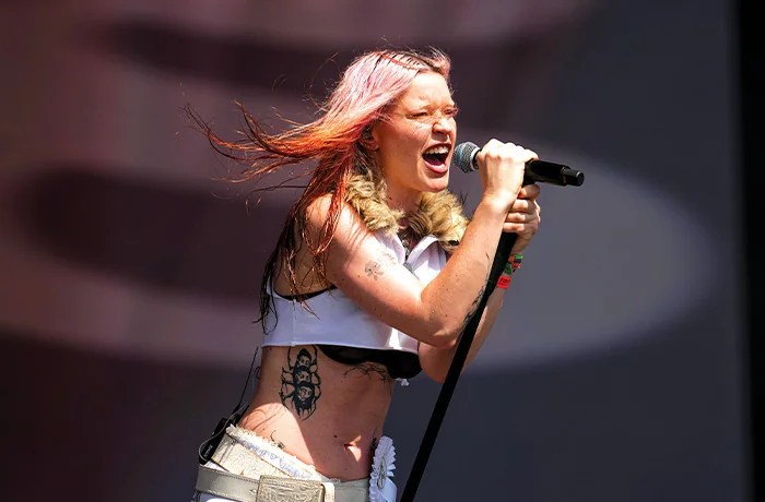 Rhian Teasdale of the band Wet Leg performs during the Glastonbury Festival on June 27.