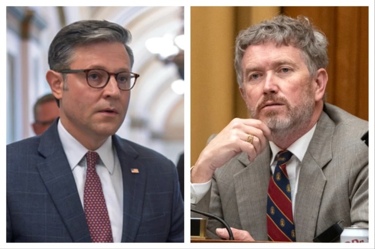 Speaker Mike Johnson (R-LA) criticized Rep. Thomas Massie's (R-KY) approach to the Jeffrey Epstein files during a press conference on Tuesday, July 22, 2025. (Photos: Associated Press)