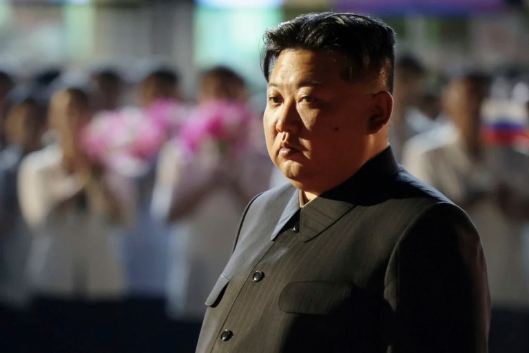 North Korean leader Kim Jong Un stands during the departure ceremony of Russian President Vladimir Putin at an international airport outside Pyongyang, North Korea, on Wednesday, June 19, 2024.