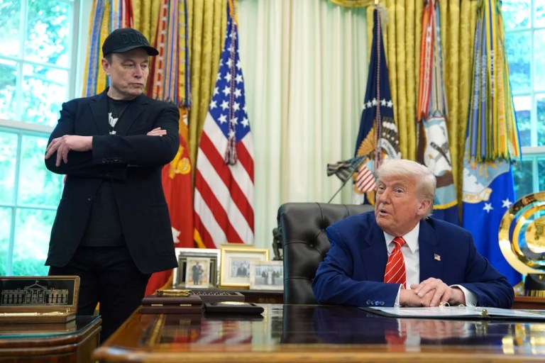 President Donald Trump, right, speaks during a news conference with Elon Musk in the Oval Office of the White House, Friday, May 30, 2025, in Washington.