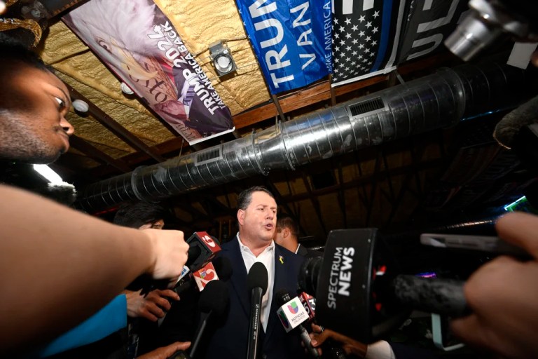 Republican candidate Randy Fine meets with reporters after winning the special election for U.S. House District 6, Tuesday, April 1, 2025, in Ormond Beach, Fla.