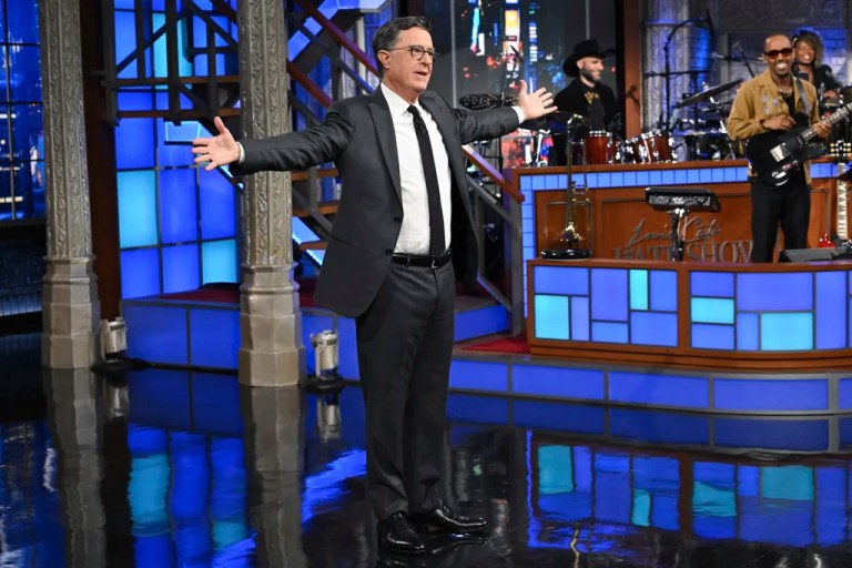 This image released by CBS shows Stephen Colbert during a taping of 
