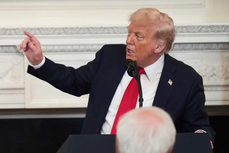 President Donald Trump speaks to the media after arriving at Joint Base Andrews, Tuesday, July 15, 2025, in Maryland.