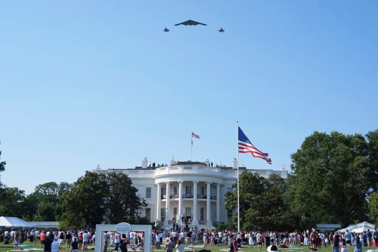 A B-2 bomber and two F-22 fighters conduct a flyover during a Fourth of July celebration at the White House, Friday, July 4, 2025, in Washington.