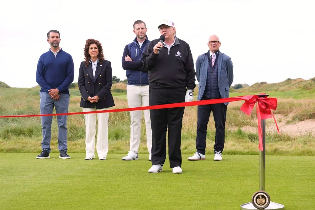 President Donald Trump speaks during the opening ceremony for the Trump International Golf Links golf course, near Aberdeen, Scotland, Tuesday, July 29, 2025.