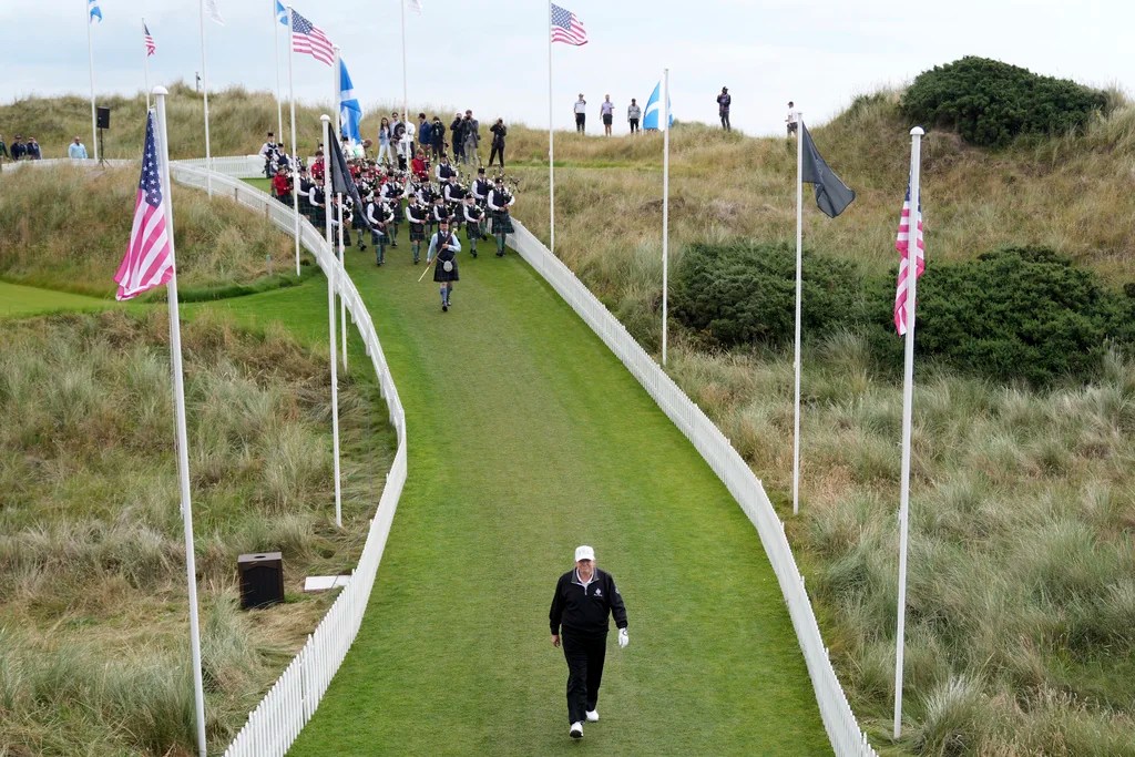 President Donald Trump arrives to attend an opening ceremony for Trump International Golf Links near Aberdeen, Scotland Tuesday, July 29, 2025.