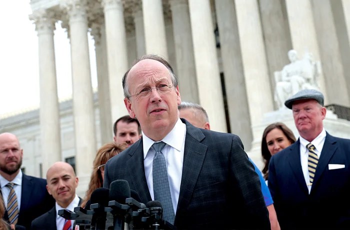 Former Solicitor General Paul Clement answers questions outside the Supreme Court in 2022. (Win McNamee/Getty Images)