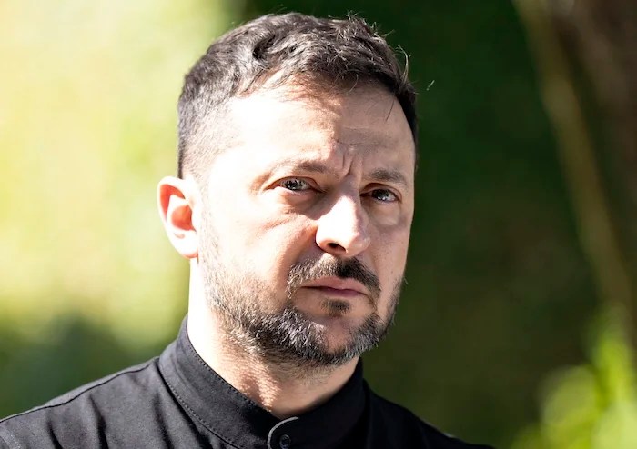 Ukraine's President Volodymyr Zelenskyy looks on as he arrives at Marselisborg Castle on the occasion of Denmark taking over the EU presidency, in Aarhus, Denmark, Thursday, July 3, 2025.