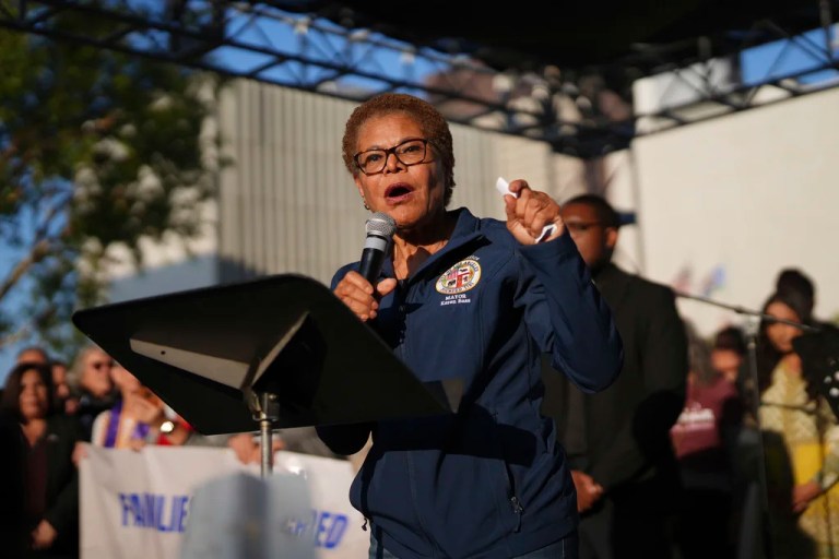 Mayor Karen Bass speaks at a vigil by community religious leaders on Tuesday, June 10, 2025, in Los Angeles.
