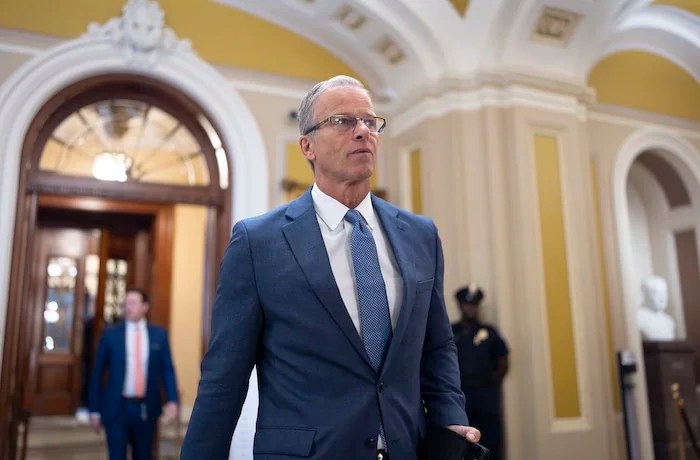 Senate Majority Leader John Thune (R-SD) strides from the chamber as Republicans begin a final push to advance President Donald Trump's tax breaks and spending cuts package, at the Capitol in Washington, Monday, June 30, 2025.