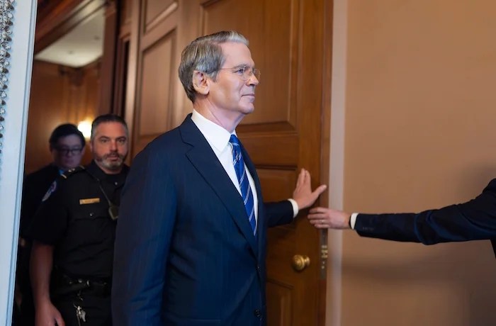 Treasury Secretary Scott Bessent arrives for a closed-door Republican meeting to advance President Donald Trump's sweeping domestic policy bill, at the Capitol in Washington, Friday, June 27, 2025.