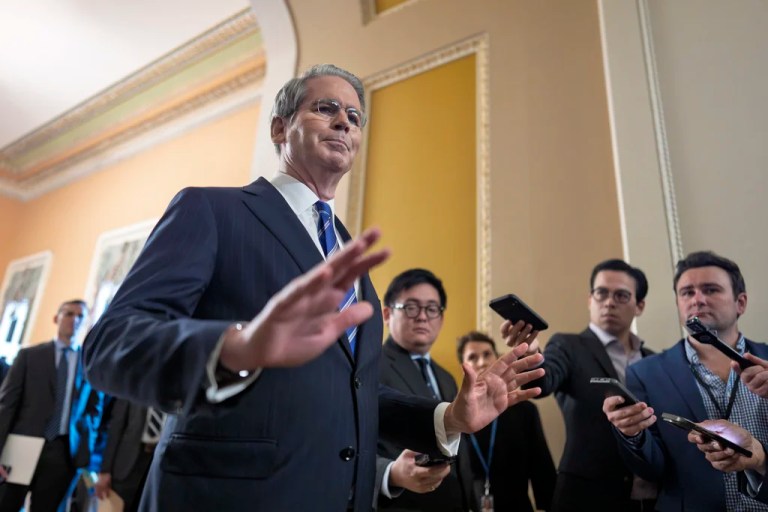 Treasury Secretary Scott Bessent speaks to reporters as he leaves a closed-door meeting with Republicans working on President Donald Trump's sweeping domestic policy bill, at the Capitol in Washington, Friday, June 27, 2025.